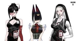  1911 3girls animal_ears black_dress black_hair black_vest blood blood_bag chest_holster chest_rig cleavage_cutout clothing_cutout dress elbow_gloves fox_ears gloves hair_bun hair_ornament hair_over_eyes hairclip heterochromia highres mgecko117 multicolored_hair multiple_girls necktie original red_eyes red_necktie round_eyewear scar scar_on_cheek scar_on_face shirt simple_background single_elbow_glove streaked_hair vampire vest white_background white_hair white_shirt white_streaks 