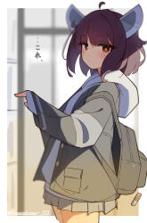  1girl ahoge bag black_jacket blush border bright_pupils closed_mouth commentary_request cowboy_shot grey_skirt hand_up headgear highres hood hood_down hoodie jacket long_sleeves looking_at_viewer miniskirt open_clothes open_jacket outside_border pleated_skirt pointing red_eyes single_hair_intake skirt sleeves_past_wrists solo swept_bangs tetenka touhoku_kiritan translation_request voiceroid white_border white_hoodie white_pupils 
