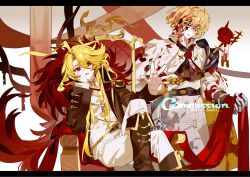  1boy 1girl ascot belt blonde_hair blood blood_on_clothes blood_on_face brown_ascot brown_belt brown_jacket cape commentary commission crossed_legs don_quixote_(project_moon) english_commentary flower fur-trimmed_cape fur_trim hand_up head_rest highres holding holding_ribbon jacket knee_up la_manchaland_(identity)_(project_moon) letterboxed limbus_company long_hair looking_at_viewer n_corp._fanatic_(identity)_(project_moon) pants project_moon red_eyes ribbon rose sancho_(project_moon) shime52631 short_hair sinclair_(project_moon) sitting twitter_username wavy_hair white_jacket white_pants yellow_eyes 