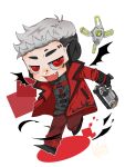  1boy apex_legends b3_wingman chibi crypto_(apex_legends) devil&#039;s_advocate_crypto fang flame_print grey_hair gun hack_(apex_legends) handgun highres holding holding_gun holding_weapon jacket lavie_(karvlife) male_focus official_alternate_costume pants red_eyes red_jacket red_pants revolver smile solo undercut weapon 