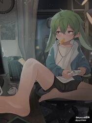  1boy absurdres animal_ears barefoot child clock coat computer_keyboard computer_mouse controller crossed_bangs earphones food game_controller green_hair grey_eyes hair_between_eyes highres hood hood_down hooded_coat male_focus omurice_(roza4957) original popsicle rabbit_ears short_hair shorts sitting thighs window 
