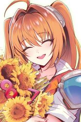  1girl :d ahoge armor ceesalt close-up closed_eyes commentary cropped_jacket eiyuu_densetsu english_commentary estelle_bright facing_viewer flower hair_intakes happy_birthday highres open_mouth pauldrons shoulder_armor simple_background single_pauldron smile solo sora_no_kiseki sora_no_kiseki_sc sunflower teeth twintails upper_teeth_only 