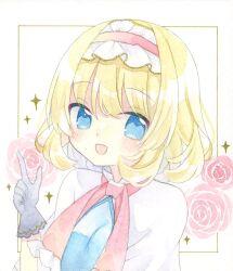  1girl :d alice_margatroid black_gloves blonde_hair blue_eyes capelet commentary flower frilled_hairband frills gloves hairband kagome_f open_mouth pink_flower pink_rose red_eyes red_hairband rose short_hair smile solo sparkle sparkling_aura touhou traditional_media upper_body white_capelet 