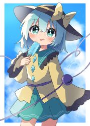  1girl absurdres black_hat blue_sky blush bow buttons clouds collared_shirt commentary_request day diamond_button disembodied_linked_eye eyeball food frilled_shirt_collar frilled_sleeves frills green_eyes green_hair green_skirt hat hat_bow heart heart_of_string high_meron highres holding holding_food holding_popsicle komeiji_koishi long_sleeves looking_at_viewer popsicle shirt signature skirt sky solo tongue tongue_out touhou wide_sleeves yellow_bow yellow_shirt 