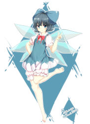  1girl barefoot bloomers blue_bow blue_dress blue_eyes blue_hair bow bowtie cirno collared_shirt commentary_request dated detached_wings dress full_body furim hair_bow hand_on_own_hip highres ice ice_wings leg_up pinafore_dress red_bow red_bowtie shirt short_hair signature sleeveless sleeveless_dress soles solo toes touhou v white_bloomers white_shirt wings 