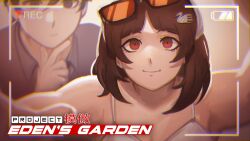  1boy 1girl battery_indicator black_hair camera collared_shirt curvy eloise_taulner hair_slicked_back highres holding holding_camera logo looking_at_another looking_at_viewer official_art parted_bangs project:_eden's_garden recording red_eyes seraph_(sera_phiel) shirt short_hair tank_top violet_eyes white_tank_top wolfgang_akire 