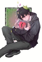  1boy absurdres bandaged_neck bandages bandaid bandaid_on_finger bandaid_on_hand black_hair black_hoodie closed_eyes commentary crown degrees_of_lewdity double-parted_bangs fangsheng_xiaomao_hui_mengjian_dianzi_hudie_ma fingernails foot_out_of_frame from_side green_pants hair_between_eyes heart highres holding hood hood_down hoodie kylar_(degrees_of_lewdity) kylar_(male)_(degrees_of_lewdity) leaning_on_object looking_at_object male_focus pants pointed_crown red_pupils short_hair simple_background sitting solo spiral_background untranslatable_commentary 