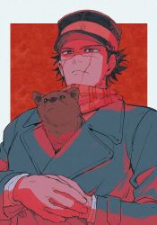  1boy baby_animal bear black_coat border brown_bear closed_mouth coat commentary_request from_below golden_kamuy highres itobi24 male_focus red_background scar scar_on_cheek scar_on_face scarf short_hair solo sugimoto_saichi upper_body white_border 