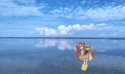  1girl absurdres angelina_(arknights) animal_ear_fluff animal_ears arknights backpack bag bandaid bandaid_on_knee bandaid_on_leg blue_sky brown_hair clouds highres mixed_media neckerchief okukin_07 photo_(medium) photo_background shorts sky solo visor_cap yellow_neckerchief 