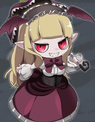  1girl black_corset black_hairband black_umbrella blonde_hair blunt_bangs bow bowtie breasts commentary_request commission corset cowboy_shot demon_girl demon_wings frilled_hairband frilled_skirt frills grey_background grin hairband head_wings highres holding holding_umbrella juliet_sleeves lets0020 lizzy_(obakeidoro!) long_hair long_sleeves looking_at_viewer medium_breasts obakeidoro! parasol pointy_ears puffy_sleeves red_bow red_bowtie red_eyes red_skirt red_wings ringed_eyes sharp_teeth shirt skeb_commission skirt smile solo teeth umbrella white_shirt wings 