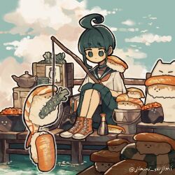  1girl ahoge ahoge_girl_(jimini_shijimi) artist_name blue_sailor_collar blue_serafuku blue_skirt blue_sky blunt_bangs closed_mouth commentary_request converse fantasy fishing_rod food food_on_shoulders highres instagram_username jimini_shijimi knees_up living_food neckerchief no_pupils original outdoors pier pleated_skirt red_neckerchief red_shoes sailor_collar school_uniform sea_cucumber serafuku shoes short_eyebrows short_hair short_sleeves sidelocks sitting skeb_username skirt sky solo sushi twitter_username water 