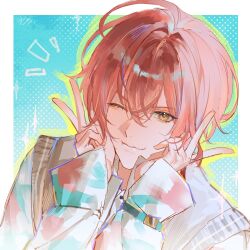  1boy double_v highres layered_clothes long_sleeves male_focus okuta_dayo one_eye_closed pink_hair sleeve_belt sleeves_past_wrists smile sparkle strange_eden sweater_vest v yellow_eyes yurano_senri_(strange_eden) 