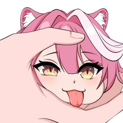  1girl 1other :3 absurdres animal_ears blush cheek_press closed_mouth commentary fingernails hair_intakes hand_on_another's_head highres hololive hololive_english long_hair multicolored_hair nicyelia panther_ears panther_girl photo-referenced pink_hair raora_panthera simple_background smile solo_focus streaked_hair tongue tongue_out virtual_youtuber white_background yellow_eyes 