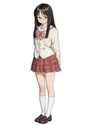  1girl arm_at_side arm_behind_back black_eyes bow brown_hair closed_mouth commentary_request flat_chest full_body glasses h4sh1rnoto hand_on_own_arm highres jacket kneehighs legs_together loafers long_hair long_sleeves looking_to_the_side minakami_mai miniskirt nichijou pink_bow pleated_skirt sailor_collar school_uniform shoes sideways_glance simple_background skirt slim_legs socks standing white_background white_socks 