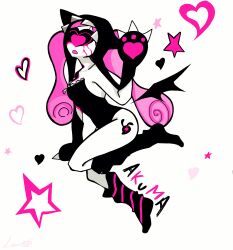  1girl absurdres alien_stage asymmetrical_legwear beanie black_hat black_leotard black_socks commentary curled_ends earflap_beanie from_side full_body hat heart highres lem_tako leotard long_hair mini_wings mismatched_legwear mismatched_socks mizi_(alien_stage) mizi_(zombie_stage) official_alternate_costume paw_print pink_hair romaji_text single_wing socks solo star_(symbol) strapless strapless_leotard striped_clothes striped_socks twintails very_long_hair white_background wings zipper zipper_leotard zombie_stage 