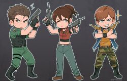  2boys belt black_boots black_gloves black_shirt black_vest blue_eyes blue_pants blue_shirt boots border brother_and_sister brown_belt brown_eyes brown_hair brown_shoes bulletproof_vest camouflage camouflage_pants chibi chibi_only chris_redfield claire_redfield closed_mouth combat_boots commentary crossed_arms denim dual_wielding earrings english_commentary fighting_stance fingerless_gloves furrowed_brow gloves green_pants green_shirt grey_background grin gun handgun highres holding holding_gun holding_weapon jeans jewelry medium_hair midriff multiple_boys navel one_eye_closed orange_shirt pants parted_lips ponytail red_vest resident_evil resident_evil_-_code:_veronica shirt shirt_under_shirt shoes short_hair siblings single_earring smile standing steve_burnside teeth tirtyturtle twitter_username vest weapon white_border 