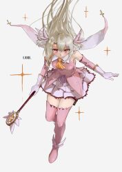 1girl absurdres armpits bare_shoulders blonde_hair boots breasts cape closed_mouth collar commentary_request detached_sleeves dress facing_viewer fate/kaleid_liner_prisma_illya fate_(series) frilled_skirt frills full_body gloves hair_between_eyes hair_ornament highres holding holding_wand iknsk illyasviel_von_einzbern long_hair looking_at_viewer magical_girl magical_ruby neckerchief pink_boots pink_cape pink_dress pink_gloves pleated_skirt red_eyes short_twintails simple_background skirt small_breasts solo thigh_boots twintails twitter_username wand white_background white_collar wing_hair_ornament yellow_neckerchief zettai_ryouiki 