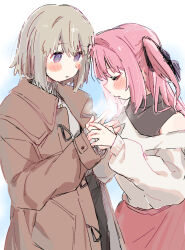  2girls black_ribbon blush brown_coat coat commentary from_side grey_hair hair_ribbon highres holding_hands jewelry kamiina_botan kamiina_botan_yoeru_sugata_wa_yuri_no_hana long_hair long_sleeves looking_at_another multiple_girls pink_hair pink_skirt ribbon short_hair skirt sweater tonami_ibuki turtleneck turtleneck_sweater two_side_up upper_body violet_eyes wagariro white_sweater yuri 