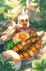  1other brushbuddy commentary conical_hat creature egg food fried_egg fruit hat highres meat outdoors rice strawberry tongari_boushi_no_atelier yumitang 