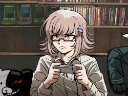  1boy 1girl angry angry_video_game_nerd controller couch cover danganronpa_(series) danganronpa_2:_goodbye_despair flipped_hair game_controller glasses hands_up highres indoors jacket james_rolfe kmnm_1403 komaeda_nagito medium_hair monokuma nanami_chiaki neck_ribbon out_of_frame red_ribbon ribbon sidelocks sitting solo unworn_jacket video_game_cover 