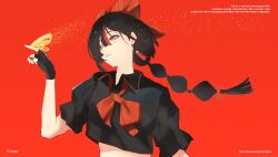  .akuma 1girl black_gloves black_hair black_shirt bow bowtie braid bug butterfly choya_hanabi collared_shirt commentary_request cropped_shirt english_text fingerless_gloves gloves hair_bow hand_up long_hair multicolored_hair red_background red_bow red_bowtie red_streaks shirt simple_background solo streaked_hair virtual_youtuber vspo! yellow_eyes 