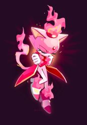  1girl animal_ears blaze_the_cat burning_blaze cat_ears cat_girl cat_tail closed_eyes crossed_arms fire flame-tipped_tail forehead_jewel furry furry_female gloves highres jacket miijiu multicolored_shoes pink_fire pink_fur pink_shoes red_jacket shoes solo sonic_(series) tail two-tone_shoes white_gloves white_shoes 