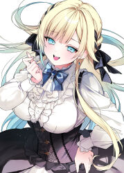  1girl aizawa_ema aizawa_ema_(6th_costume) black_corset black_ribbon blonde_hair blue_eyes blue_hair blue_ribbon breasts commentary corset earrings frills gradient_hair hair_ribbon highres jewelry large_breasts long_hair long_sleeves looking_at_viewer manyako_(mohumohu) multicolored_hair nail_polish neck_ribbon open_mouth pink_nails ribbon shirt solo two-tone_hair untranslatable_commentary virtual_youtuber vspo! white_background white_shirt 