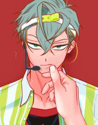  2boys ? alien_stage collared_shirt commentary green_eyes grey_hair hair_between_eyes hand_on_another's_chin headset highres ivan_(alien_stage) kasa_kskm layered_shirt looking_at_viewer male_focus microphone multiple_boys official_alternate_costume open_clothes open_shirt pov pov_hands red_background shirt short_hair solo_focus striped_clothes striped_shirt till_(alien_stage) two-tone_shirt vertical-striped_clothes vertical-striped_shirt very_short_hair visor_cap white_shirt yellow_shirt 