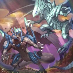  armor blue-eyes_white_dragon blue_armor bolmeteus_steel_dragon claws commentary_request crossover dragon dragon_claw dragon_horns dragon_tail dragon_wings duel_masters formulabrain9 highres horns no_humans open_mouth sharp_teeth shoulder_cannon signature tail teeth violet_eyes wings yellow_eyes yu-gi-oh! 