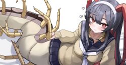  1girl antennae arthropod_girl arthropod_limbs black_hair black_skirt commentary_request headband highres kumano_plan monster_girl multicolored_hair necktie original red_eyes school_uniform skirt sweater white_headband yellow_sweater 