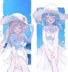  2girls ^_^ alternate_costume bare_shoulders blonde_hair blue_hair closed_eyes dress flower frilled_dress frills hand_on_headwear hat hat_flower highres holding_hands long_hair mahou_shoujo_no_majo_saiban multiple_girls nekobanana_(m23453456) ocean open_mouth shore short_hair sky sleeveless sleeveless_dress smile sun_hat sunflower tachibana_sherry tono_hanna twintails white_dress yuri 