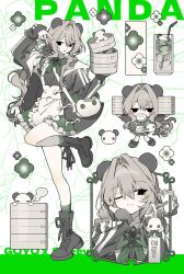  1girl animal_ears apron bag bamboo_steamer beat5727 between_breasts black_eyes boots bow bowtie breasts chibi chibi_inset drinking_straw dumpling food green_bow green_bowtie green_socks grey_hair hair_intakes highres holding holding_bamboo_steamer jacket long_hair maid_apron multiple_views one_eye_closed original panda panda_ears shoulder_bag socks solo steamed_bun v 