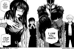  1boy 2girls absurdres belt black_hair blunt_bangs blush chainsaw chainsaw_devil chainsaw_man collared_shirt commentary demon denji_(chainsaw_man) english_commentary fourth_east_high_school_uniform hand_on_own_chest heartbreak_juan highres mitaka_asa monochrome multiple_girls multiple_weapons open_mouth ringed_eyes scar scar_on_cheek scar_on_face scar_on_nose school_uniform sharp_teeth shirt sidelocks speech_bubble surprised teeth tongue weapon white_background yoru_(chainsaw_man) 