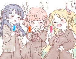  3girls :d ^_^ aqua_hair blonde_hair blue_hair blue_ribbon brown_cardigan brown_dress cardigan cheek_press closed_eyes closed_mouth commentary_request dress eating fang food foodgasm gradient_hair hair_intakes hair_ornament hair_ribbon half_updo hand_on_own_cheek hand_on_own_face hasu_no_sanrenka hasu_no_sora_school_uniform heart hinoshita_kaho long_hair long_sleeves love_live! love_live!_hasu_no_sora_jogakuin_school_idol_club medium_hair multicolored_hair multiple_girls murano_sayaka neckerchief open_cardigan open_clothes open_mouth orange_hair osawa_rurino parted_bangs popsicle rabbit_hair_ornament raised_inner_eyebrows red_neckerchief red_ribbon ribbon sailor_collar sailor_dress school_uniform shinanoya_(satanicad) simple_background smile spoken_heart translation_request two_side_up virtual_youtuber white_background white_sailor_collar winter_uniform 