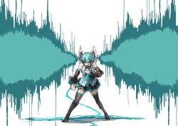  1girl aqua_eyes aqua_hair bare_shoulders black_boots black_skirt black_sleeves boots cable commentary detached_sleeves english_text full_body grey_shirt hatsune_miku highres holding holding_microphone maaka_4441 microphone necktie pleated_skirt screaming shirt short_hair skirt sleeveless sleeveless_shirt solo standing thigh_boots vocaloid waveform 