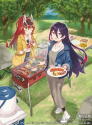  2026 2girls artist_name black_visor_cap blue_hair camping_chair chair coat commentary_request copyright_notice corn covering_own_mouth dragon_musume_ni_naritakunai! dress duel_masters eyewear_hang fish_(food) folding_chair food green_eyes grey_dress grilled_corn grilled_fish hair_between_eyes hand_over_own_mouth high_ponytail holding holding_food holding_plate holding_skewer holding_tongs jewelry jurako_ljuba long_hair multicolored_hair multiple_girls murakami_hisashi necklace official_art open_clothes open_coat open_mouth orange_eyes outdoors plate ponytail red_hair rudo_thana sausage scallop shirt shoes skewer sparkle sunglasses tongs tree unworn_eyewear visor_cap white_shirt white_shoes yellow_coat 