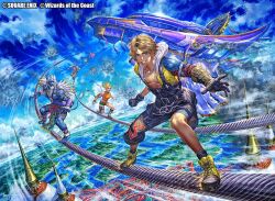  1girl 4boys aircraft airship arina_nary armor auron beard black_overalls blonde_hair blue_eyes breasts chain chain_necklace chest_strap claws facial_hair final_fantasy final_fantasy_x furry furry_male furry_with_non-furry gloves green_shorts hood horns interspecies jacket jewelry kimahri_ronso magic:_the_gathering medium_breasts midriff multiple_boys necklace official_art orange_hair outdoors overalls pants red_jacket rikku_(ff10) ronso rope_belt scarf shirt short_hair shorts sky smile sparks tidus wakka yellow_pants 