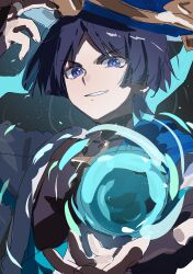  1boy black_bridal_gauntlets black_hair blue_cape blue_hat blue_jingasa blue_kimono blue_sleeves blunt_ends bridal_gauntlets cape curled_fingers eyeliner fingernails genshin_impact gold hand_up hat highres japanese_clothes jingasa juban kimono layered_sleeves looking_at_viewer makeup male_focus middle_ring nanashizimi open_clothes open_hand open_hands open_kimono parted_bangs parted_lips portrait purple_pupils red_eyeliner scaramouche_(genshin_impact) short_sleeves shoulder_peek side_cape sketch smirk solo tsurime violet_eyes vortex wanderer_(genshin_impact) white_kimono white_mouth white_sleeves wind wispy_bangs wolf_cut 
