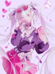  1girl bare_shoulders black_choker character_charm charm_(object) choker commentary cowboy_shot hair_between_eyes hair_intakes hair_ornament head_tilt heart heart_in_eye highres holding holding_phone honkai:_star_rail honkai_(series) iliva_15 jewelry long_hair long_sleeves looking_at_viewer miniskirt multicolored_nails official_alternate_costume official_alternate_hairstyle parted_lips phone pink_eyes purple_background red_skirt ring shade sidelocks simple_background skirt solo sparkle sparkle_(honkai:_star_rail) sparxie_(candy-coated_waves)_(honkai:_star_rail) sparxie_(honkai:_star_rail) standing symbol_in_eye twintails twitter_username two_side_up untranslatable_commentary very_long_hair white_hair x_hair_ornament 