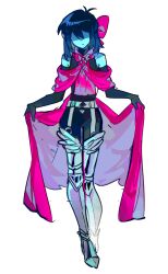  0916psy 1other :sob: absurdres androgynous armor armored_boots bare_shoulders belt black_bodysuit black_sleeves black_unitard blue_hair blue_skin bodysuit cape colored_skin curtsey delta_rune_(symbol) deltarune expressionless genderless greaves highres kris_(dark_world)_(deltarune) kris_(deltarune) other_focus pink_cape red_ribbon ribbon shaded_face short_hair silver_belt simple_background sleeves_past_wrists utdr_(toby_fox) very_long_cape white_background 