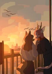  2girls absurdres animal_ears brown_horns brown_jacket brown_tail closed_eyes dog_ears dog_girl fence furry furry_female highres horns jacket long_hair looking_at_another multiple_girls ndfrskr no_lineart open_mouth orange_hair original outdoors pink_fur pink_hair purple_scarf red_eyes red_scarf scarf simple_bird smile sunset sweater tail tail_tuft water 