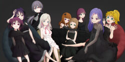  >:( 6+girls :d a-rise absurdres aoiao aqua_eyes bare_shoulders black_background black_dress black_gloves black_shirt blonde_hair brown_hair ceras_yanagida_lilienfeld ceras_yanagida_lilienfeld_(16th_birthday) clenched_teeth closed_mouth collarbone collared_shirt commentary_request couch dress edel_note elbow_gloves frown gloves green_eyes grey_hair grey_neckerchief hair_ornament highres hiiragi_mao_(love_live!) hijirisawa_yuuna jellyfish_cut katsuragi_izumi kazuno_leah kazuno_sarah kira_tsubasa long_hair looking_at_viewer love_live! love_live!_hasu_no_sora_jogakuin_school_idol_club love_live!_school_idol_project love_live!_sunshine!! love_live!_superstar!! medium_hair multiple_girls neck_ribbon neckerchief off-shoulder_dress off_shoulder on_couch one_side_up open_hands open_mouth orange_eyes parted_lips pink_ribbon ponytail purple_hair ribbon saint_snow see-through_clothes shirt simple_background sitting sleeveless sleeveless_dress slit_pupils smile spaghetti_strap sunny_passion teeth todo_erena trait_connection triangle_hair_ornament twintails upper_teeth_only v-shaped_eyebrows violet_eyes white_dress yuki_anju 