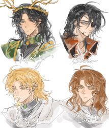  4boys a_song_of_ice_and_fire ahoge bishounen black_hair blonde_hair blue_eyes brown_eyes brown_hair cherishing17 cloak closed_mouth crown euron_greyjoy eyepatch facial_hair goatee green_eyes hair_between_eyes highres jaime_lannister light_smile long_hair loras_tyrell male_focus medium_hair multiple_boys parted_bangs parted_lips portrait renly_baratheon white_cloak 