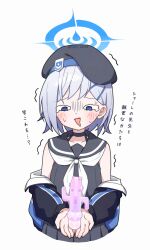  1girl bare_shoulders beret black_choker black_hat black_jacket blue_archive blue_eyes blush choker collarbone commentary_request drooling grey_hair grey_sailor_collar grey_serafuku grey_shirt grey_skirt halo haniwa_(statue) hat highres jacket long_sleeves mouth_drool neckerchief nenosame off_shoulder open_clothes open_jacket open_mouth pleated_skirt puffy_long_sleeves puffy_sleeves sailor_collar school_uniform serafuku shirt simple_background skirt solo sumika_(blue_archive) sweat translation_request trembling twitter_username wavy_eyes white_background white_neckerchief 