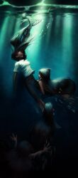  4girls absurdres blue_eyes braid brown_hair clone dragging earrings hair_down highres jewelry long_hair looking_up multiple_girls nifast_(greentail) pants project:_eden's_garden shirt twin_braids underwater wenona_(project:_eden's_garden) white_shirt wide_shot 