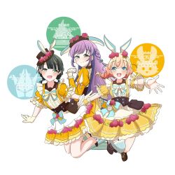  3girls 6th_live_dream_~bloom_garden_party~ :d animal_ear_headwear animal_ears beret black_hair blue_bow blue_bowtie blue_socks blue_thighhighs bow bowtie braid brown_hat cerise_bouquet closed_mouth commentary_request daime_(hyahhaa10) detached_sleeves fake_animal_ears floppy_ears flower flower_stand_art fushigi_to_kimi_to_library green_eyes hair_bow hair_flower hair_ornament hat hat_flower highres hinoshita_kaho juliet_sleeves long_hair long_sleeves looking_at_viewer lop_rabbit_ears love_live! love_live!_hasu_no_sora_jogakuin_school_idol_club low_twin_braids momose_ginko multiple_girls open_mouth otomune_kozue pink_flower pinstripe_pattern pinstripe_skirt pinstripe_sleeves puffy_detached_sleeves puffy_short_sleeves puffy_sleeves purple_hair rabbit_ear_headwear rabbit_ears shirt short_sleeves side_braids simple_background single_thighhigh skirt sleeveless sleeveless_shirt smile socks striped_bow striped_bowtie striped_clothes thigh-highs translation_request twin_braids very_long_hair white_background white_shirt yellow_skirt 