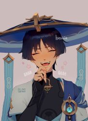 1boy anemo_symbol_(genshin_impact) armor artist_name bishounen black_bodysuit black_bridal_gauntlets black_hair blue_cape blue_gem blue_hat blue_jingasa blue_kimono blue_sleeves blunt_ends bodysuit bridal_gauntlets cape choppy_bangs closed_eyes eyelashes eyeliner facing_viewer fangs fingernails gem genshin_impact gold gold_ring grey_background hand_on_own_chin hand_up hat highres japanese_armor japanese_clothes jingasa juban kimono kote kurokote laughing layered_sleeves makeup male_focus mandarin_collar middle_ring open_clothes open_kimono open_mouth pom_pom_(clothes) purple_rope red_eyeliner rope scaramouche_(genshin_impact) short_sleeves shoulder_peek side_cape solo sound_effects straight-on tearing_up tears teeth tongue uvula wanderer_(genshin_impact) watermark white_kimono white_sleeves white_trim wolf_cut yukunnvi 