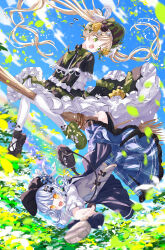 2girls :d absurdres asymmetrical_footwear bag bird_hat_ornament black_bag black_bow black_bowtie black_capelet black_flower black_hat black_rose black_shoes blonde_hair blue_hair blue_necktie blue_skirt bonnet bow bow_flower bowtie braid braided_hair_rings broom broom_riding capelet collared_shirt commentary_request deerstalker dress flower flower-trimmed_dress flower-trimmed_skirt flying frilled_capelet frilled_dress frilled_skirt frilled_sleeves frills green_bonnet green_eyes green_shoes grey_vest hair_bow hair_flower hair_ornament hair_rings hat hat_bow highres holding holding_magnifying_glass layered_dress layered_skirt lolita_fashion long_hair long_sleeves magnifying_glass mahou_shoujo_no_majo_saiban mismatched_footwear multiple_girls necktie open_mouth plaid_clothes plaid_skirt rose shirt shoes short_hair skirt sky smile socks tachibana_sherry tatsunami1379 tono_hanna twintails two-tone_dress vest white_flower white_rose white_shirt white_socks wide_sleeves winged_hat yellow_eyes yellow_flower yellow_rose 