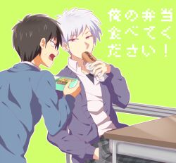  2boys akagi:_yami_ni_oritatta_tensai akagi_shigeru bento black_hair blue_sweater brown_eyes collared_shirt commentary_request desk eating food fukumoto_mahjong green_background grey_hair holding holding_bento holding_food igawa_hiroyuki level_6chan looking_at_another multiple_boys open_mouth purple_sweater school_desk shirt short_hair simple_background sitting sweater ten_(manga) time_paradox translation_request upper_body white_shirt yakisobapan 