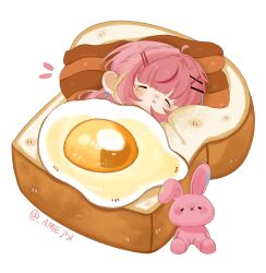  1girl ahoge ameameame_(pororo12khb) bacon blue_streaks bread bread_slice chibi chibi_only closed_eyes commentary earrings food fried_egg fried_egg_on_toast green_streaks hair_intakes hair_ornament hairclip hanako_nana heart heart_earrings highres jewelry long_hair mini_person multicolored_hair multiple_hairclips peto_(hanako_nana) pink_hair pink_streaks simple_background sleeping solo stellive streaked_hair stuffed_animal stuffed_rabbit stuffed_toy toast twitter_username virtual_youtuber white_background x_hair_ornament 